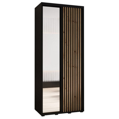 Sapporo II - Chic Black Mirrored Sliding Door Wardrobe -Compact Storage for Modern Living (H)2050mm (W)1000mm (D)600mm