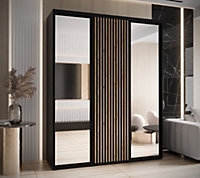 Sapporo II - Chic Black Mirrored Sliding Door Wardrobe with Lamella Effect - Ample Storage (H)2050mm (W)1900mm (D)600mm