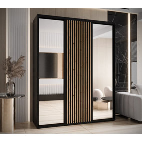 Sapporo II - Chic Black Mirrored Sliding Door Wardrobe with Lamella Effect - Ample Storage (H)2050mm (W)1900mm (D)600mm