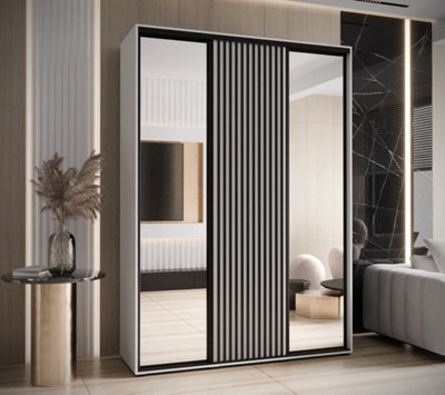 Sapporo II Chic White Mirrored Sliding Door Wardrobe with Lamella Effect (H)2050mm (W)1800mm (D)600mm