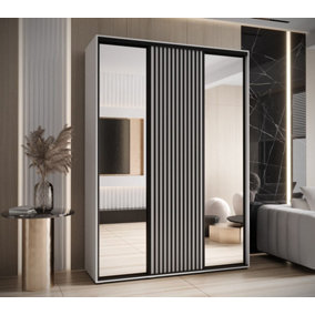 Sapporo II Chic White Mirrored Sliding Door Wardrobe with Lamella Effect (H)2050mm (W)1800mm (D)600mm