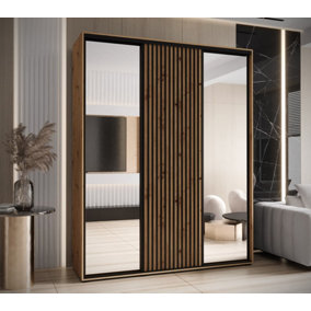 Sapporo II Mirrored Sliding Door Wardrobe - Oak Artisan and Lamella Effect (H)2050mm (W)2000mm (D)600mm