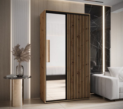 Sapporo II Modern Oak Artisan Mirrored Sliding Door Wardrobe -  Space-Saving Storage Solution (H)2050mm (W)1300mm (D)600mm