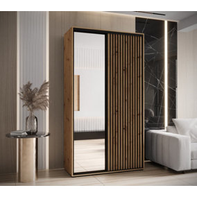 Sapporo II Modern Oak Artisan Mirrored Sliding Door Wardrobe -  Space-Saving Storage Solution (H)2050mm (W)1300mm (D)600mm