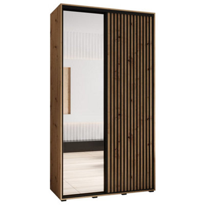 Sapporo II Modern Oak Artisan Mirrored Sliding Door Wardrobe -  Space-Saving Storage Solution (H)2050mm (W)1300mm (D)600mm