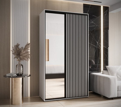 Sapporo II Modern White Matt Mirrored Sliding Door Wardrobe with Lamella Effect (H)2050mm (W)1400mm (D)600mm