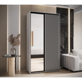 Sapporo II Modern White Matt Mirrored Sliding Door Wardrobe with Lamella Effect (H)2050mm (W)1400mm (D)600mm