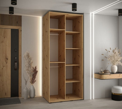 Sapporo II - Oak Artisan Mirrored Sliding Door Wardrobe - Compact Storage for Modern Living (H)2050mm (W)1000mm (D)600mm