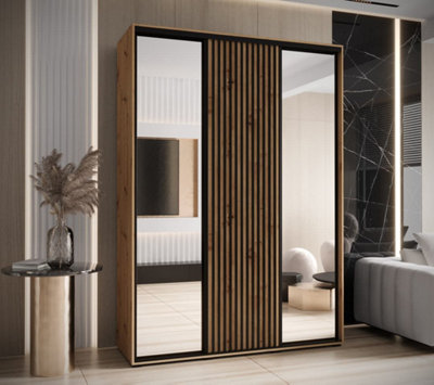 Sapporo II Oak Artisan Mirrored Sliding Door Wardrobe - Compact Storage, Lamella Effect (H)2050mm (W)1700mm (D)600mm