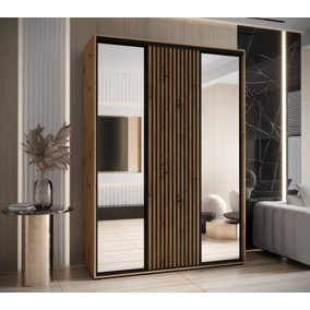 Sapporo II Oak Artisan Mirrored Sliding Door Wardrobe - Compact Storage, Lamella Effect (H)2050mm (W)1700mm (D)600mm