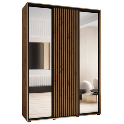 Sapporo II Oak Artisan Mirrored Sliding Door Wardrobe - Compact Storage, Lamella Effect (H)2050mm (W)1700mm (D)600mm