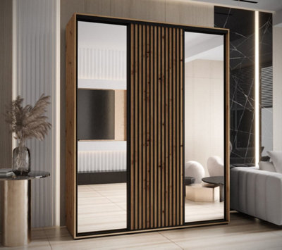 Sapporo II - Oak Artisan Mirrored Sliding Door Wardrobe with Lamella Effect - Ample Storage (H)2050mm (W)1900mm (D)600mm