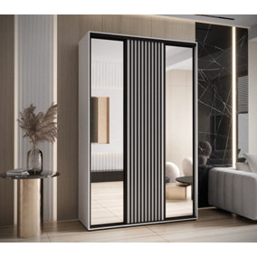 Sapporo II White Matt Mirrored Sliding Door Wardrobe with Contemporary Lamella Effect (H)2050mm (W)1500mm (D)600mm