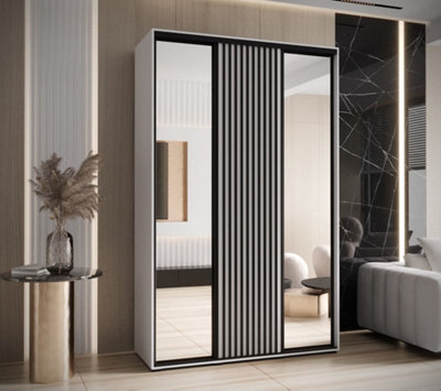 Sapporo II White Matt Mirrored Sliding Wardrobe - Modern Lamella Design (H)2050mm (W)1600mm (D)600mm