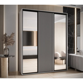 Sapporo II White Mirrored Sliding Door Wardrobe - White Matt and Lamella Effect (H)2050mm (W)2000mm (D)600mm