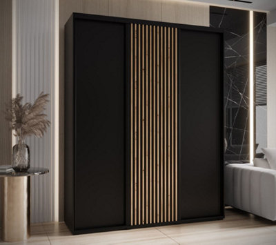 Sapporo - Sleek Black Sliding Door Wardrobe with Shelves and Hanging Rails  (H)2050mm (W)2000mm (D)600mm