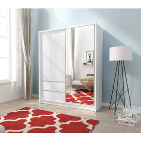 Sara Mirrored Wardrobe 150cm with Drawers in White