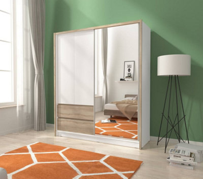 Sara Mirrored Wardrobe 180cm with Drawers in White and Oak Sonoma