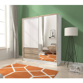 Sara Mirrored Wardrobe 180cm with Drawers in White and Oak Sonoma