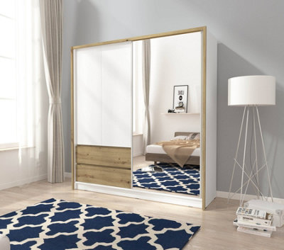 Sara Mirrored Wardrobe 2000mm with Drawers in White and Oak Artisan