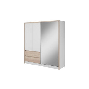 Sara Mirrored Wardrobe 200cm with Drawers in White and Oak Sonoma