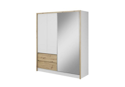 Sara Mirrored Wardrobe with Drawers in White and Oak Artisan W1840mm x H2140mm x D620mm