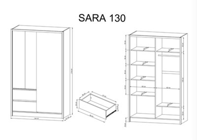 Sara Mirrred Wardrobe 130cm with Drawers in White and Oak Artisan