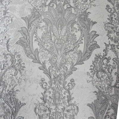Sartoria Seville Ornate Damask Silver Glitter Luxury Wallpaper LTT706