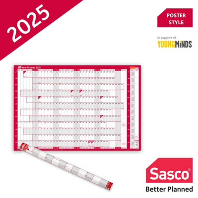 Sasco 2025 Compact Year Wall Planner Calendar Landscape Poster 610mm W x 405mm H