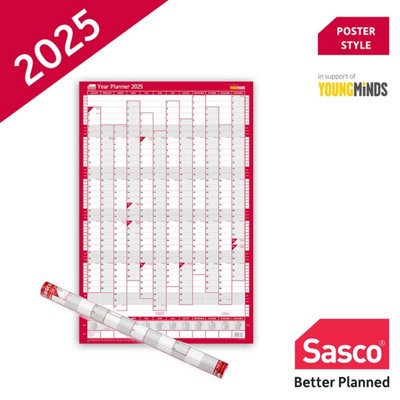 Sasco 2025 Compact Year Wall Planner Calendar Portrait Poster 405mm W x 610mm H