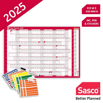 Sasco 2025 Original Year Room Wall Planner Calendar Poster 915mm W x 610mm H