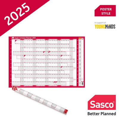 Sasco 2025 Super Compact Year Wall Planner Calendar Poster 400mm W x 285mm H