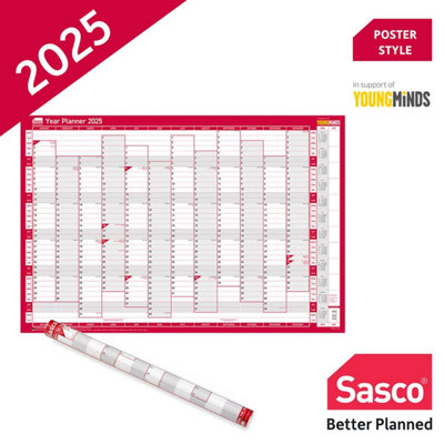 Sasco 2025 Vertical Year Wall Planner Calendar Poster 915mm W x 610mm H