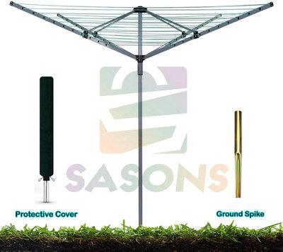 SASONS 60M 4 Arm Heavy Duty Rotary Washing Line with Ground Spike & Protective Cover  Outdoor Clothes Airer