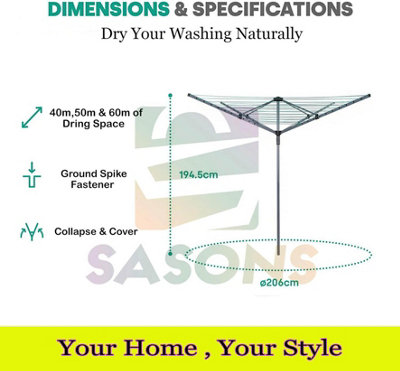 SASONS 60M 4 Arm Heavy Duty Rotary Washing Line with Ground Spike & Protective Cover  Outdoor Clothes Airer