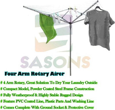 SASONS 60M 4 Arm Heavy Duty Rotary Washing Line with Ground Spike & Protective Cover  Outdoor Clothes Airer