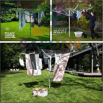 SASONS 60M 4 Arm Heavy Duty Rotary Washing Line with Ground Spike & Protective Cover  Outdoor Clothes Airer