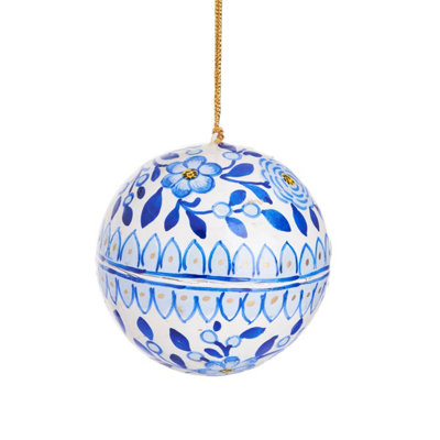 Sass & Belle Blue & White Floral Papier Mache Bauble