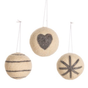 Sass & Belle Cream & Grey Felt Baubles -Set Of 3