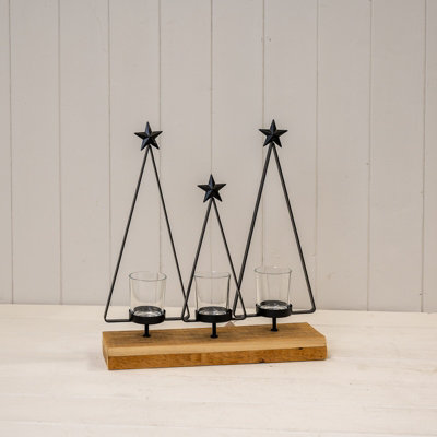 Satchville Black Metal Triple Tree Tealight Holder On Wooden Base