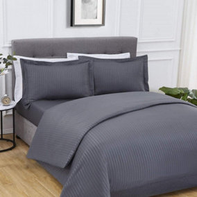 Sateen Stripe Complete Duvet Cover Pillowcase Fitted Sheet Bedding Set Charcoal King Size