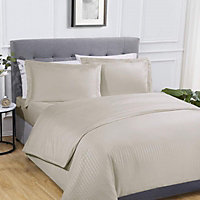 Sateen Stripe Complete Duvet Cover Pillowcase Fitted Sheet Bedding Set Natural King Size