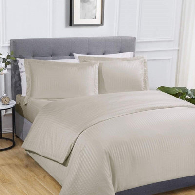 Sateen Stripe Complete Duvet Cover Pillowcase Fitted Sheet Bedding Set Natural King Size