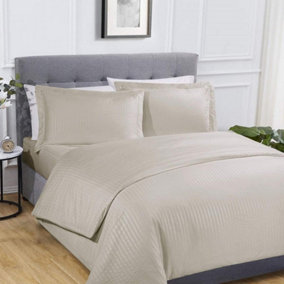 Sateen Stripe Complete Duvet Cover Pillowcase Fitted Sheet Bedding Set Natural Single