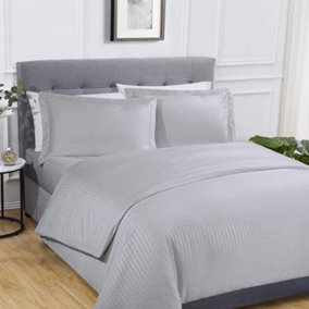 Sateen Stripe Complete Duvet Cover Pillowcase Fitted Sheet Bedding Set Silver King Size
