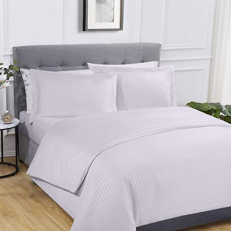 Sateen Stripe Complete Duvet Cover Pillowcase Fitted Sheet Bedding Set White Double | DIY at B&Q