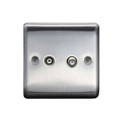 Satellite Socket + Coaxial Socket Brush Chrome, White Insert, 10