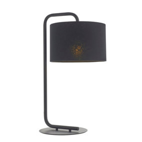 Satin Black Table Lamp Light - 23cm Fabric Cylinder Shade - Bedroom Desk Light