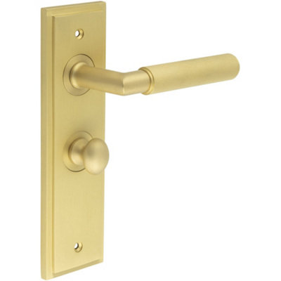 Satin Brass Bathroom Door Handle Backplate and Turn Release - Solid Brass Interior Handle