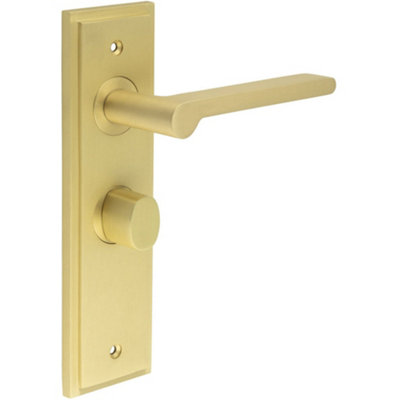 Satin Brass Bathroom Door Handle Backplate with Turn and Release - Solid Brass Interior Handle